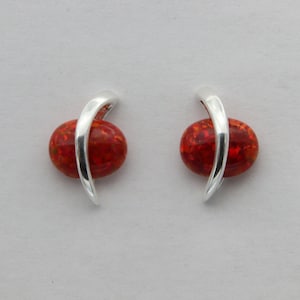 Red FIRE OPAL - Stud / Post - Oval Earrings in 925 Sterling Silver