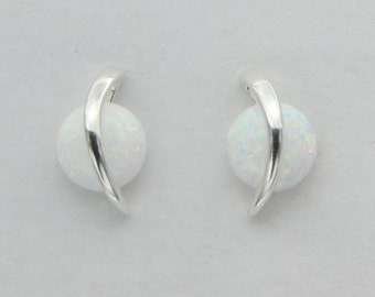 White FIRE OPAL - Stud / Post - Round / Circle Earrings in 925 Sterling Silver