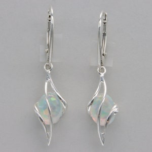 Oval White FIRE OPAL Dangle Swirl Earrings in 925 Sterling Silver / Leverback / Lever back