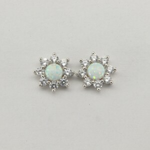White - FIRE OPAL - Star / Sun - Stud / Post - Earrings with 8 CZs / Cubic Zirconia in 925 Sterling Silver
