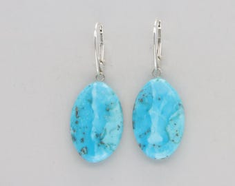 Natural Blue Oval TURQUOISE Dangle Leverback Earrings in 925 STERLING SILVER - Genuine Gemstone from Mexico - Lever back