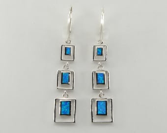 Blue Fire Opal Drop Earrings: Sterling Silver Leverback Dangle