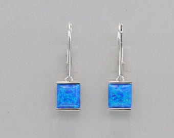 Blue Square / Rectangle FIRE OPAL Dangle / Drop - Leverback - Earrings in 925 Sterling Silver