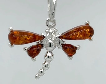 Baltic Amber Dragonfly Pendant: Cognac Brown Sterling Silver Jewelry