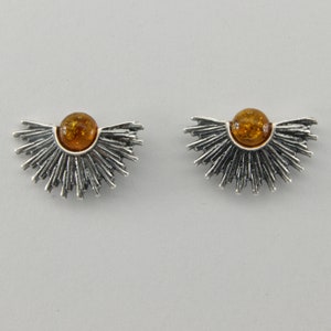 Genuine and Natural - Cognac / Brown - BALTIC AMBER - Post /Stud Ray Earrings in 925 Sterling Silver - Poland