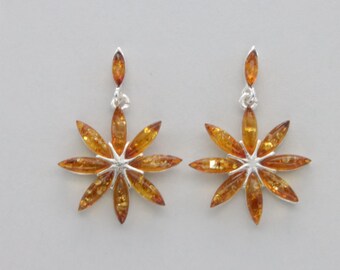 Star Cognac/ Brown BALTIC AMBER Dangle / Post Flower Earrings - 925 Sterling Silver - Genuine and Natural Fossilized Resin from Poland