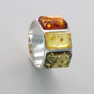 Square / Rectangle Multi-Color BALTIC AMBER Ring in 925 Sterling Silver - Genuine Natural Gemstone / fossilized Resin Poland - Ambar / Ambre
