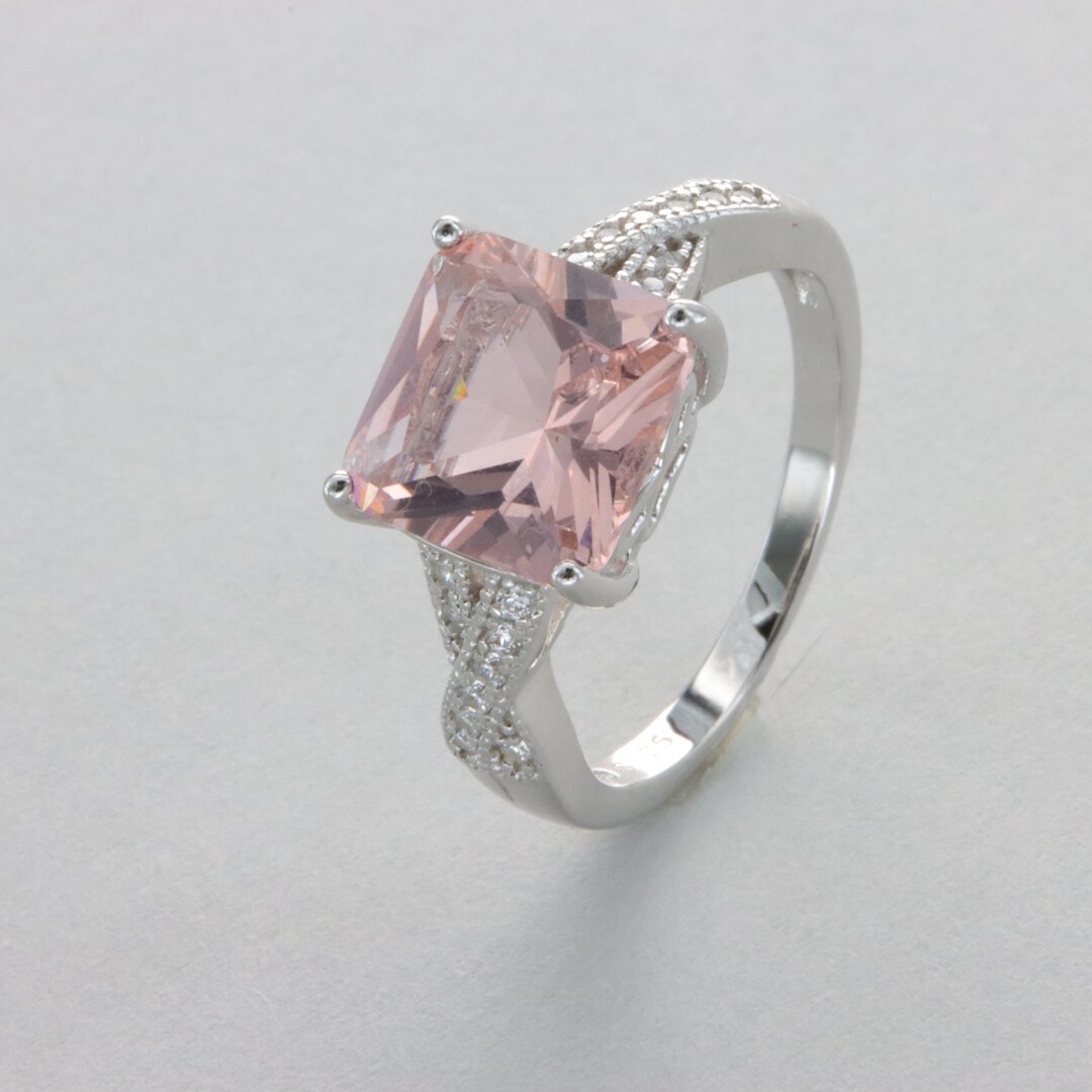 Square / Rectangle Pink Morganite Ring – Rhodium Finished 925 Sterling ...