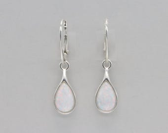 White FIRE OPAL Pear / Teardrop Dangle Earrings in 925 Sterling Silver / Leverback / Lever back