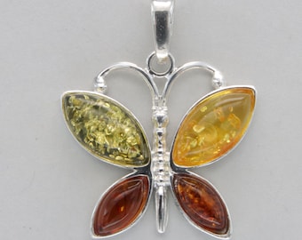 Baltic Amber Butterfly Pendant: Multi-Color Sterling Silver Jewelry