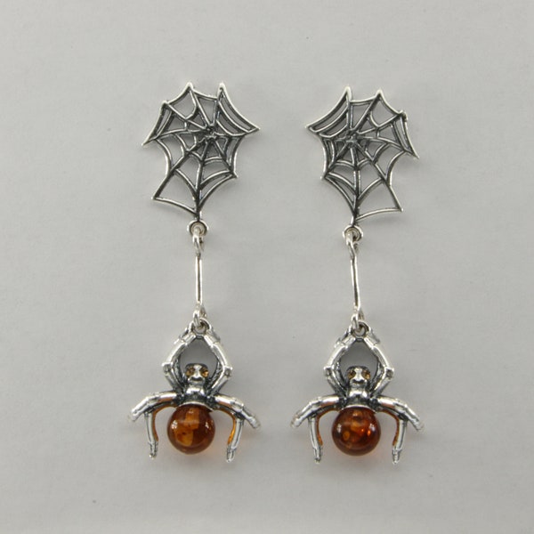 Genuine and Natural Cognac / Brown Spider BALTIC AMBER Dangle / Drop Post Earrings in 925 Sterling Silver - Poland