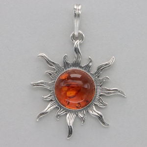 Cognac / Brown BALTIC AMBER Sun Pendant in 925 Sterling Silver - Genuine and Natural - Gemstone from Poland - Fossilized Resin