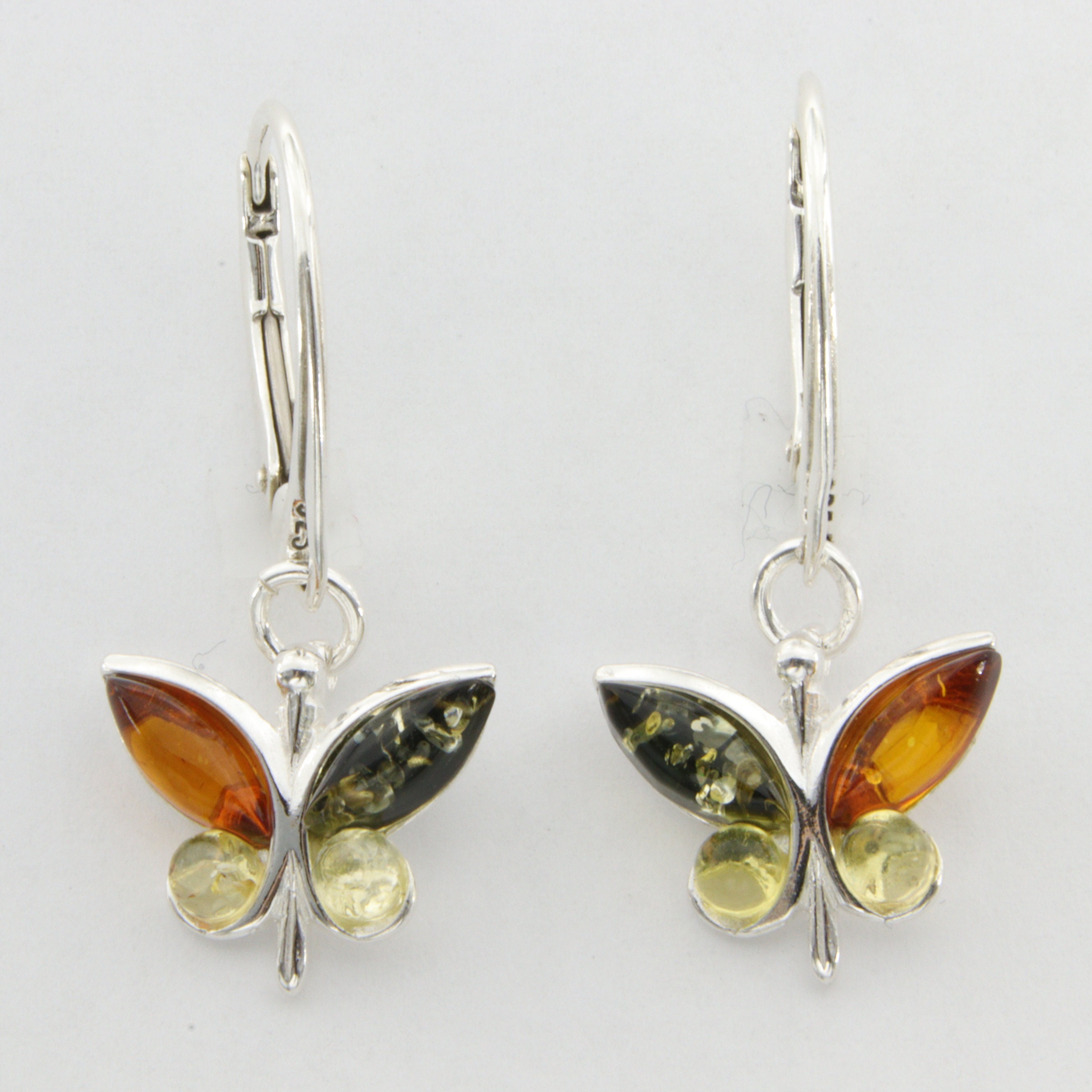Orecchini pendenti a farfalla in ambra baltica multicolore autentica e naturale in argento sterling 925 con chiusura a leva - Italia