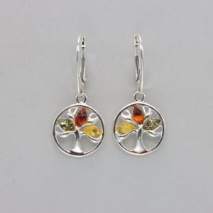 Baltic Amber Tree of Life Earrings: Sterling Silver Dangle Leverbacks