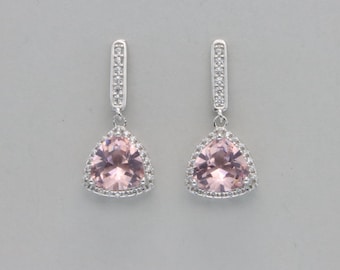 Faceted Triangle Pink Morganite and CZ Dangle Post Earrings - 925 Sterling Silver - simulated Morganite - Rose color - Cubic Zirconia