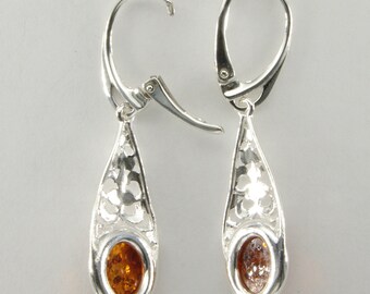 Orecchini classici in vera ambra baltica naturale e argento Sterling 925 GL185 e Argento, colore: Cognac, cod. GL185C