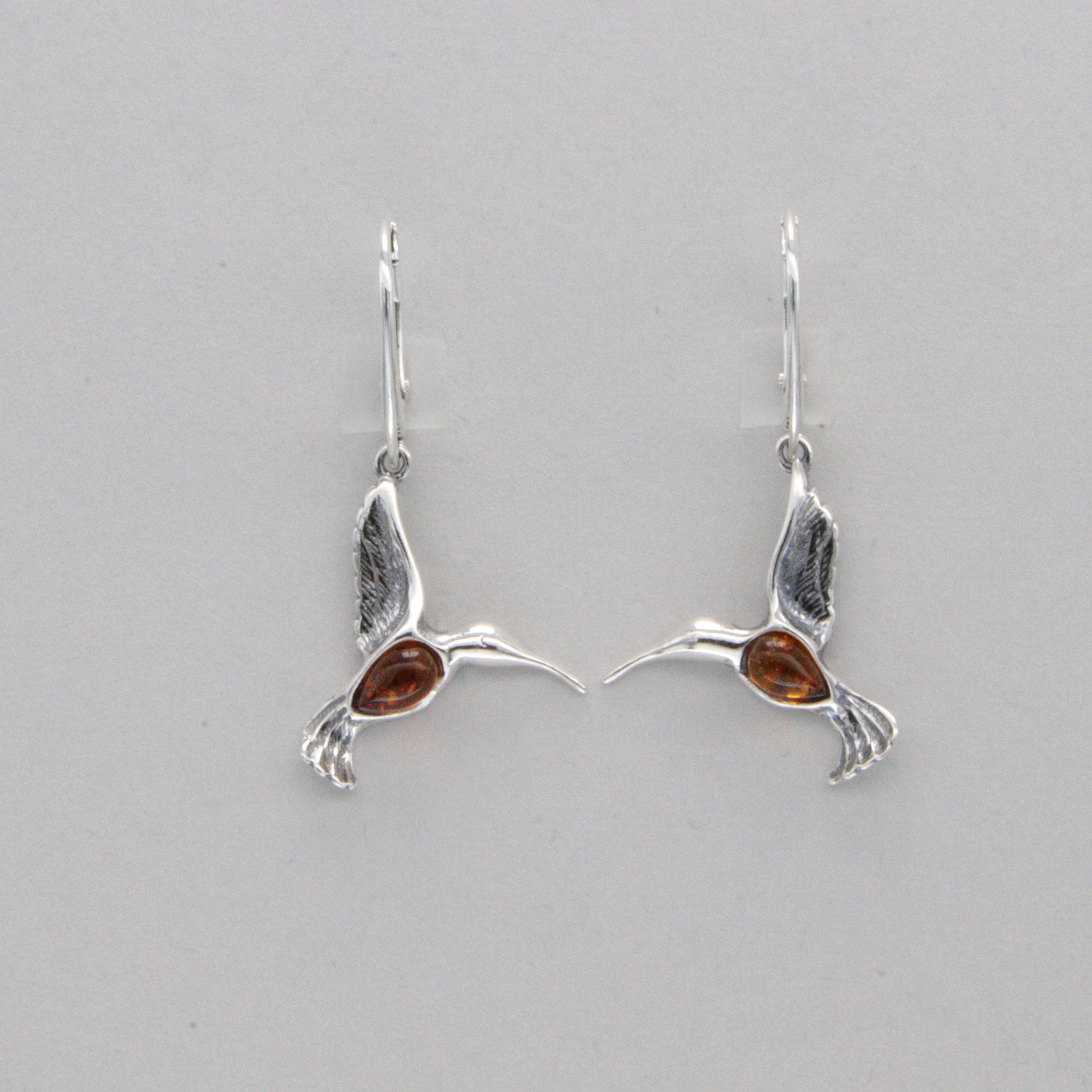 Cognac / Brown BALTIC AMBER Hummingbird Bird Leverback Earrings 925 Sterling Silver - Genuine and Natural Gemstone Poland - Fossilized Resin