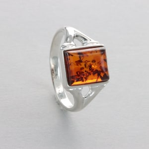 Square / Rectangle Cognac / Brown BALTIC AMBER Ring - 925 Sterling Silver - Genuine Natural Gemstone / fossilized Resin Poland ambre / ámbar