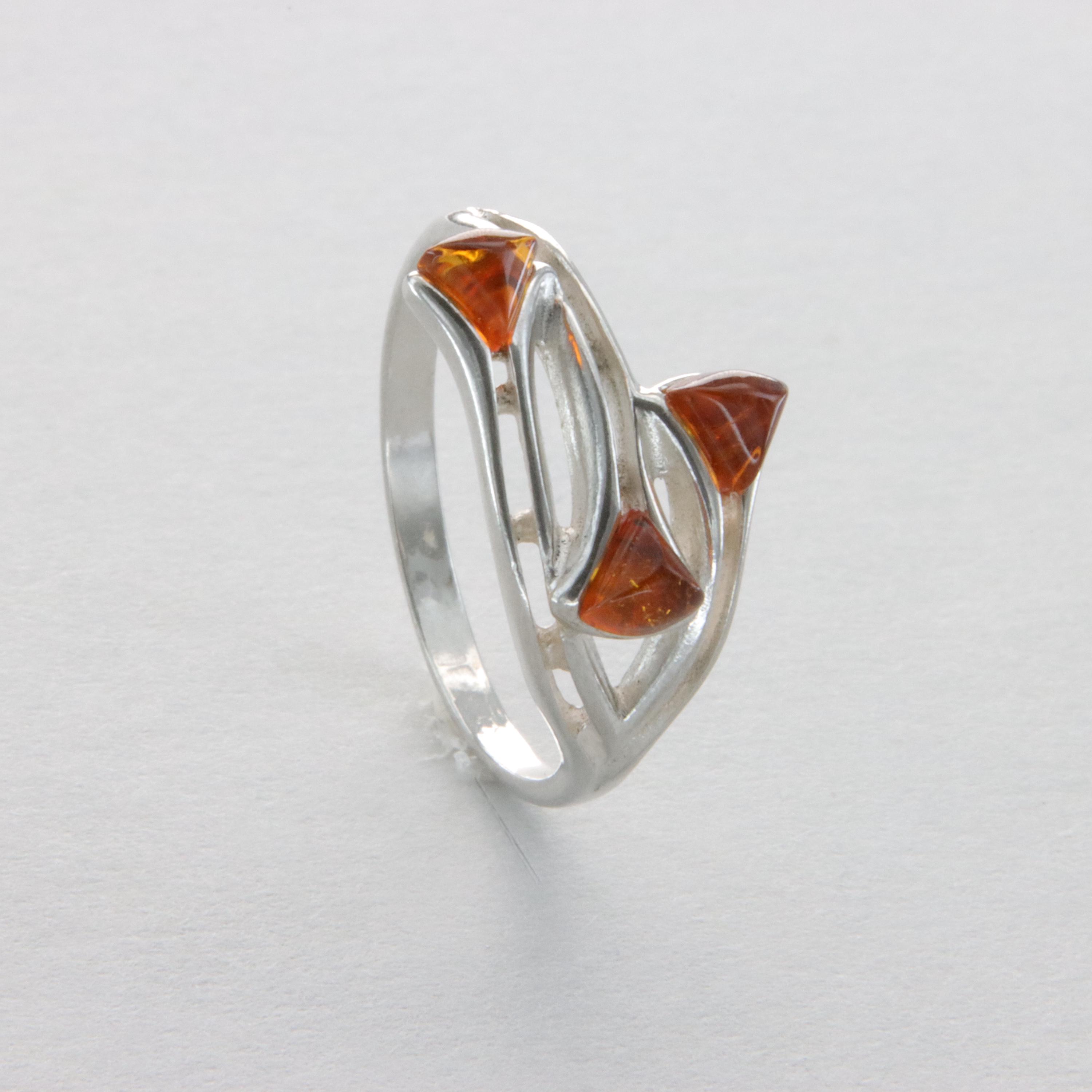 Bague Argent 925 Ambre Baltique Multicolore - Design Art Déco, Taille P, Bijou Polonais