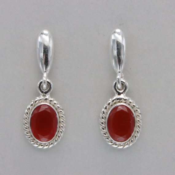 Boucles D'oreilles Créoles En Argent 925 Avec Cornaline Naturelle - Dimensions 5 X 7 Mm - Neuf Sans Emballage