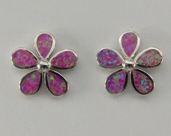 Pink - FIRE OPAL - Flower / Floral - Stud / Post - Earrings in 925 Sterling Silver with a Rhodium finish