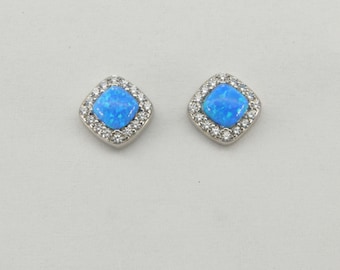 Blue - FIRE OPAL - Stud / Post - Earrings with 16 CZs / Cubic Zirconia in 925 Sterling Silver