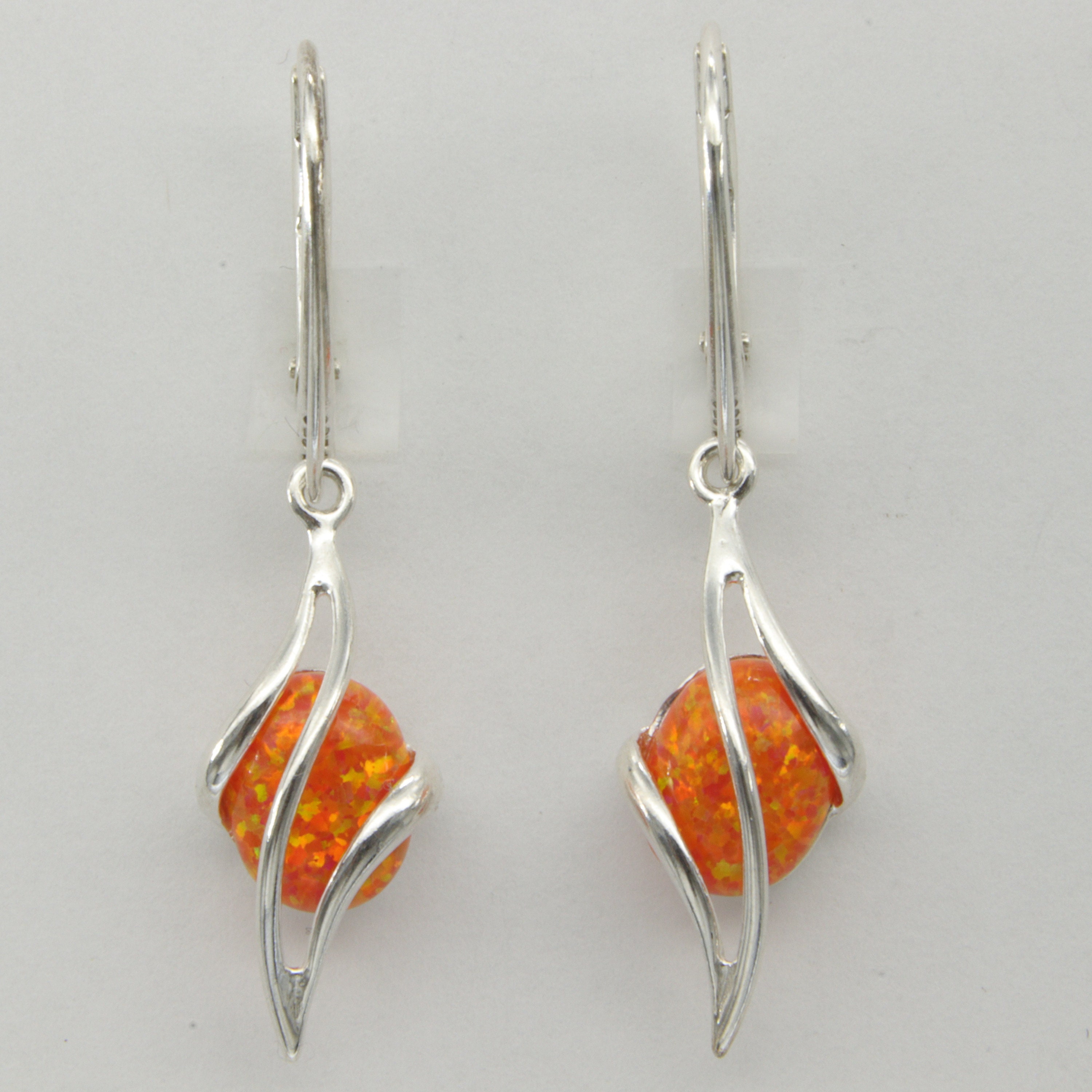 Oval Orange FIRE OPAL Swirl Dangle Earrings in 925 Sterling Silver / Leverback / Lever back