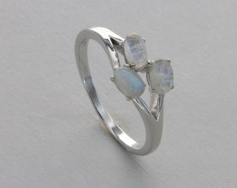 Triple Oval Rainbow Moonstone Ring - 925 Sterling Silver - Natural and Genuine Gemstone