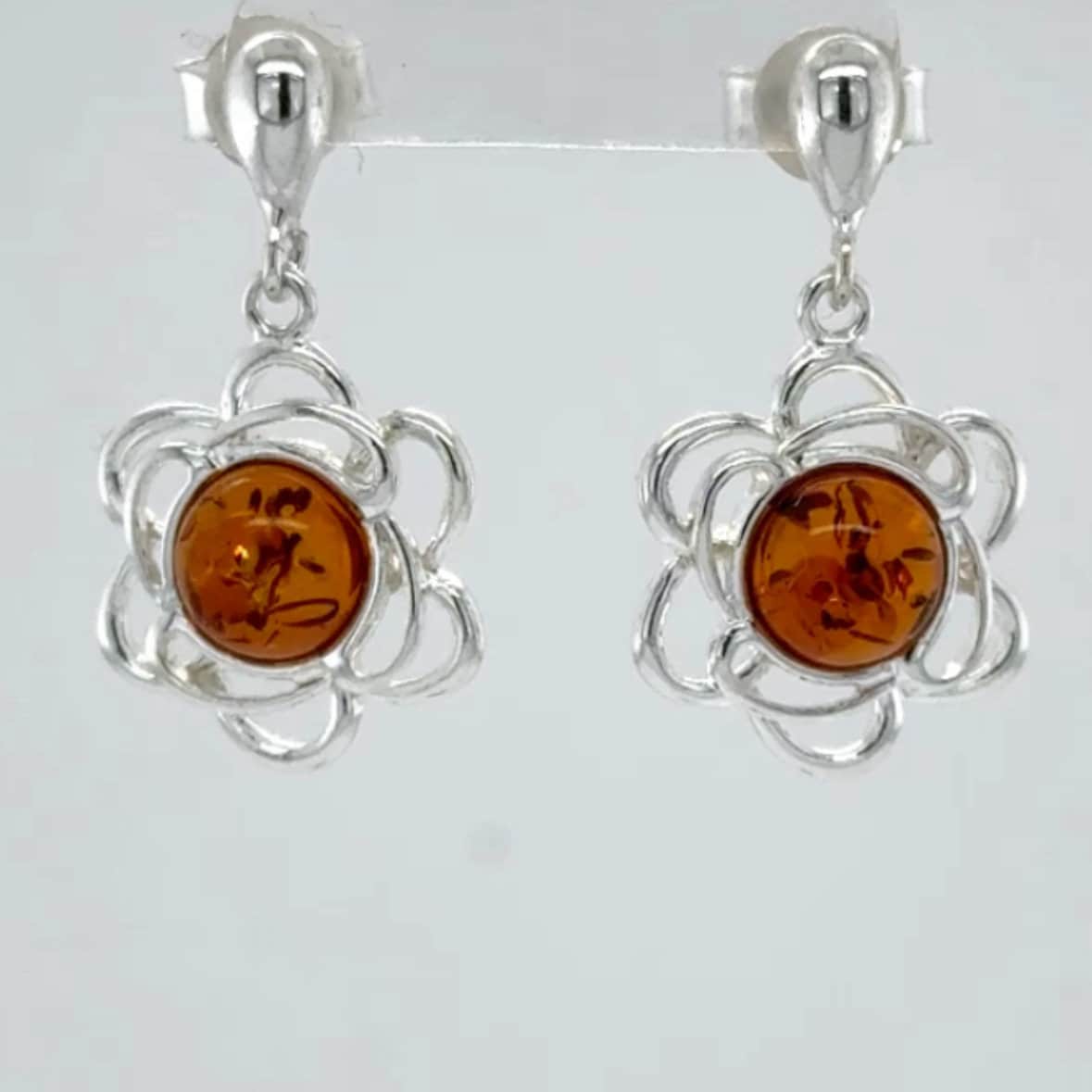 boucles d'oreilles pavé rond d'ambre couleur cognac et argent 925/000