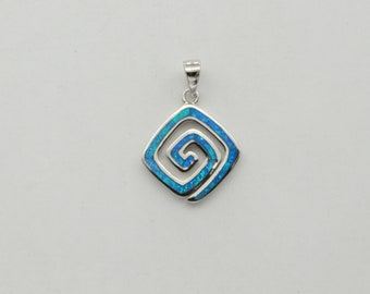 Swirl Blue FIRE OPAL Square Pendant - 925 Sterling Silver - Rhodium finished