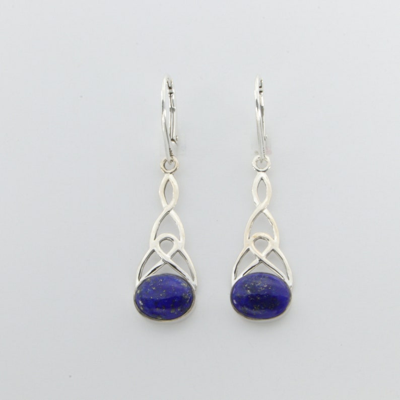 Genuine and Natural Blue Celtic LAPIS LAZULI Oval Dangle Earrings in 925 Sterling Silver with Leverback Lever Back closing