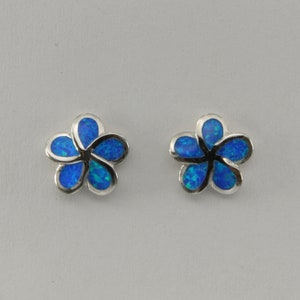 May include: A pair of silver earrings with blue opal flower designs.