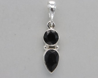 Round and Drop Black Onyx Teardrop Dangle Pendant - 925 Sterling Silver - Natural and Genuine Black Onyx Gemstone