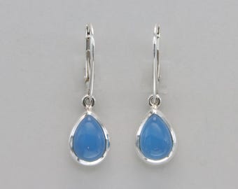 Drop / Pear Blue Chalcedony Teardrop Leverback Dangle Earrings - 925 Sterling Silver - Lever back - Natural and Genuine Gemstone