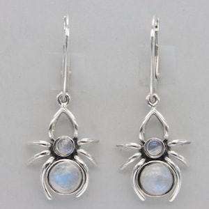 Round Rainbow MOONSTONE Dangle / Drop Spider Leverback Earrings in 925 STERLING SILVER - Genuine and Natural Gemstone