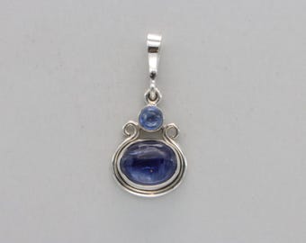 Oval Kyanite & Round Sapphire Pendant - 925 Sterling Silver - Teardrop - Natural and Genuine Gemstone