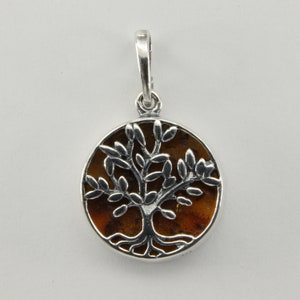 Cognac / Brown - BALTIC AMBER Round Tree of Life Pendant in 925 Sterling Silver Natural and Genuine Gemstone from Poland