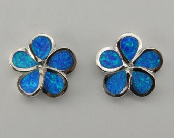 Blue - FIRE OPAL - Flower / Floral - Stud / Post - Earrings in 925 Sterling Silver with a Rhodium finish