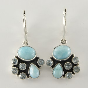 LARIMAR and Blue Topaz Dangle Earrings in 925 STERLING SILVER with Leverback / Lever back hooks / Frech hooks Genuine, Natural Gemstone