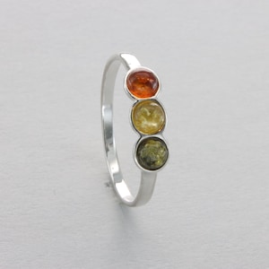 Triple Round Multi-Color BALTIC AMBER Ring 925 Sterling Silver Genuine Natural Gemstone / fossilized Resin Poland / ambre / ámbar