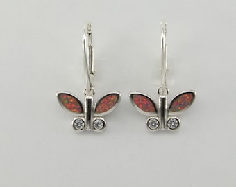 Boucles D'oreilles Pendantes Papillon En Acier Inoxydable Avec Opaline De Feu - Le Bijou Français - Neuves