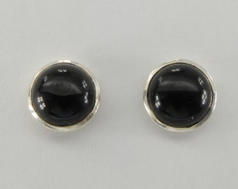 Round / Circle Black Onyx Stud / Post Earrings - 925 Sterling Silver - Natural and Genuine Black Onyx Gemstone