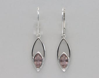 Faceted Oval Pink Morganite Dangle Leverback Earrings - 925 Sterling Silver - Lever back - simulated Morganite - Rose color - Cubic Zirconia