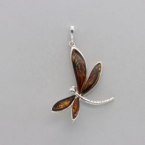 Multi-Color BALTIC AMBER Dragonfly Pendant in 925 Sterling Silver Natural and Genuine - Gemstone from Poland - Fossilized Resin