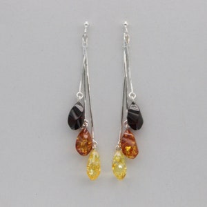 Multi-Color - Triple Oval BALTIC AMBER - Post Dangle Chandelier Earrings in 925 Sterling Silver - Poland Multicolor Genuine Natural Gemstone