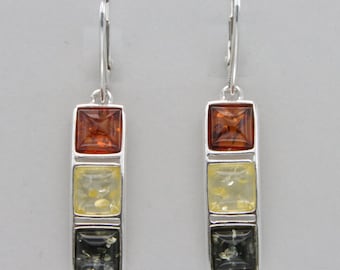 Multi-Color BALTIC AMBER Square / Rectangle Dangle Leverback Earrings in 925 Sterling Silver - Genuine and Natural fossilized Resin