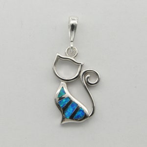 Blue FIRE OPAL Cat / Kitty Pendant - 925 Sterling Silver with a Rhodium finish