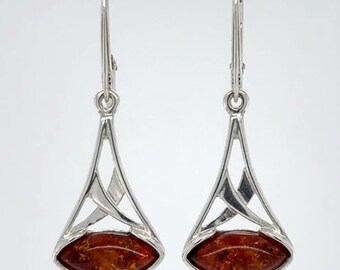 Cognac Baltischer Bernstein 925 Sterling Silber Blätter Ohrhänger Ohrringe Geschenk Boxed