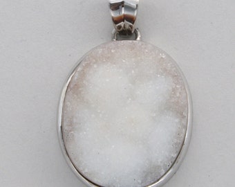 Whitish Druzy / Druse / Drusy Quartz Oval Pendant - 925 STERLING SILVER