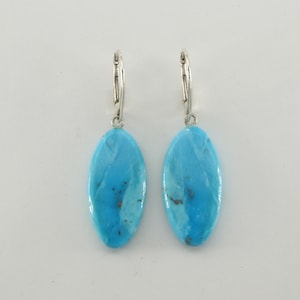 Oval Blue TURQUOISE Dangle Leverback Earrings in 925 STERLING SILVER - Genuine and Natural Gemstone